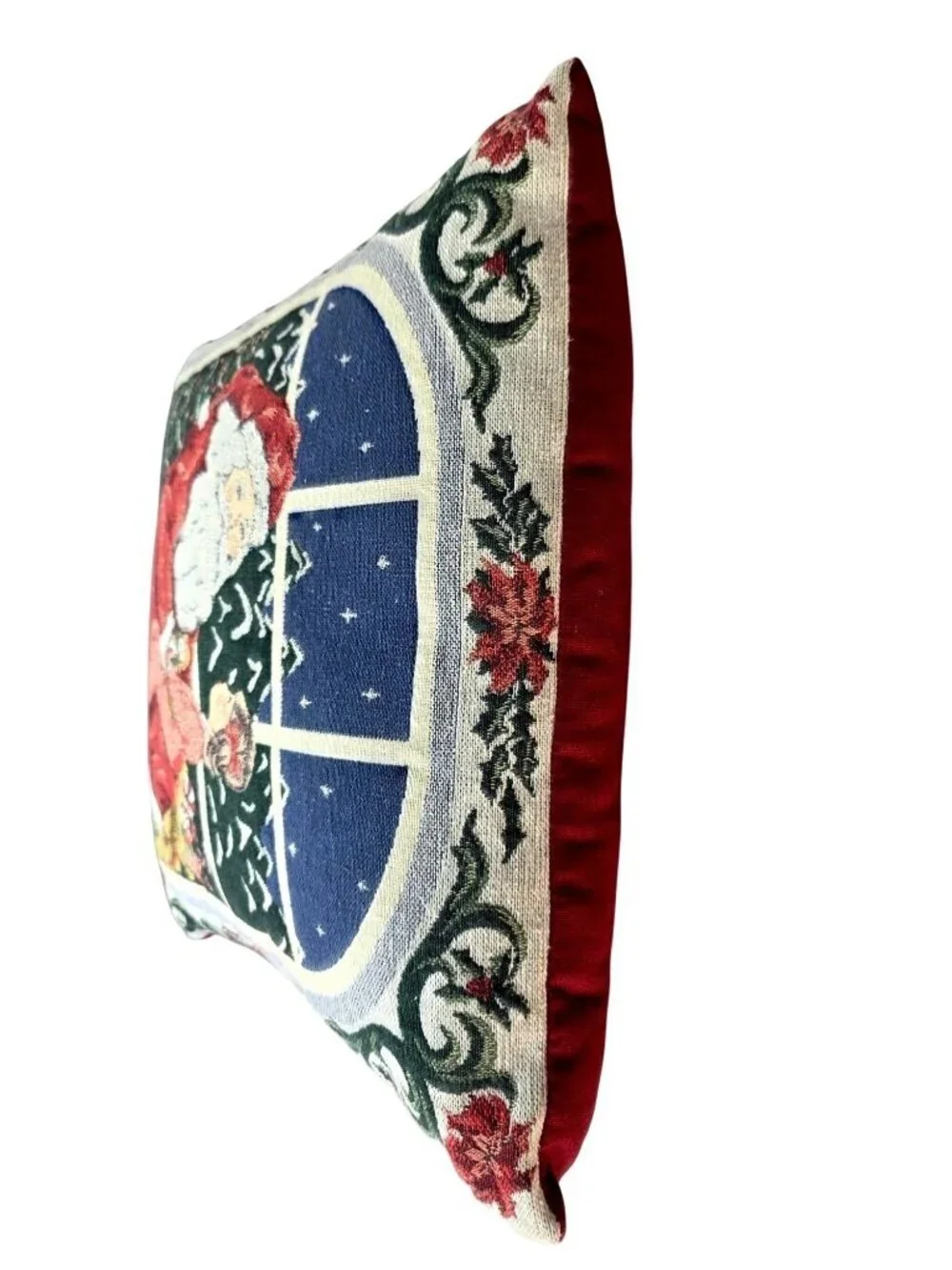 Vintage 90s Needlepoint Santa Pillow 16 in Sq Christmas Tapestry Cushion Holiday